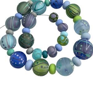 Handmade Lampwork Blue Purple Green Abstract Matte Finish Glass Bead Set 45 Pc.